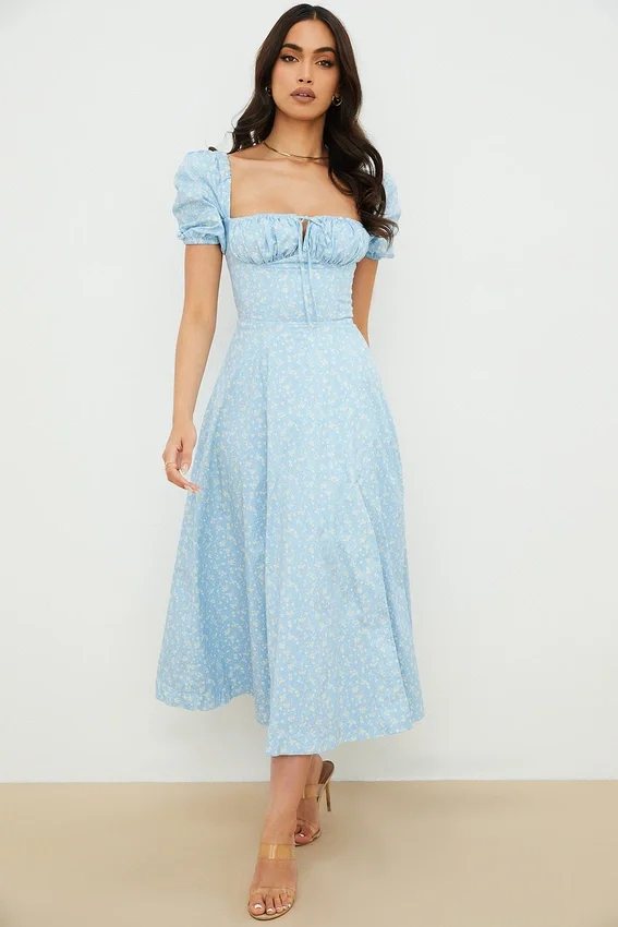 Tallulah Blue Ivory Floral Puff Sleeve Midi Dress Tallulah Blue Ivory Floral Puff Sleeve Midi Dress
