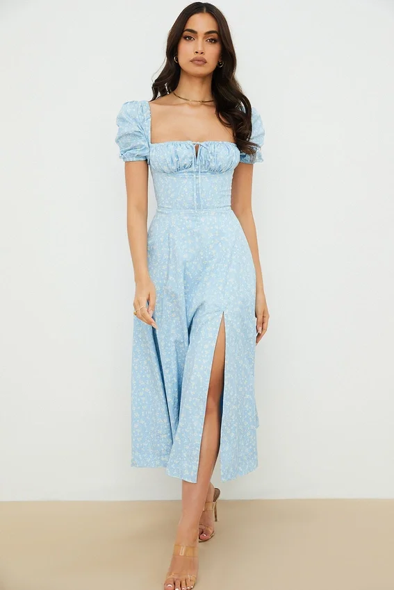 Tallulah Blue Ivory Floral Puff Sleeve Midi Dress Tallulah Blue Ivory Floral Puff Sleeve Midi Dress
