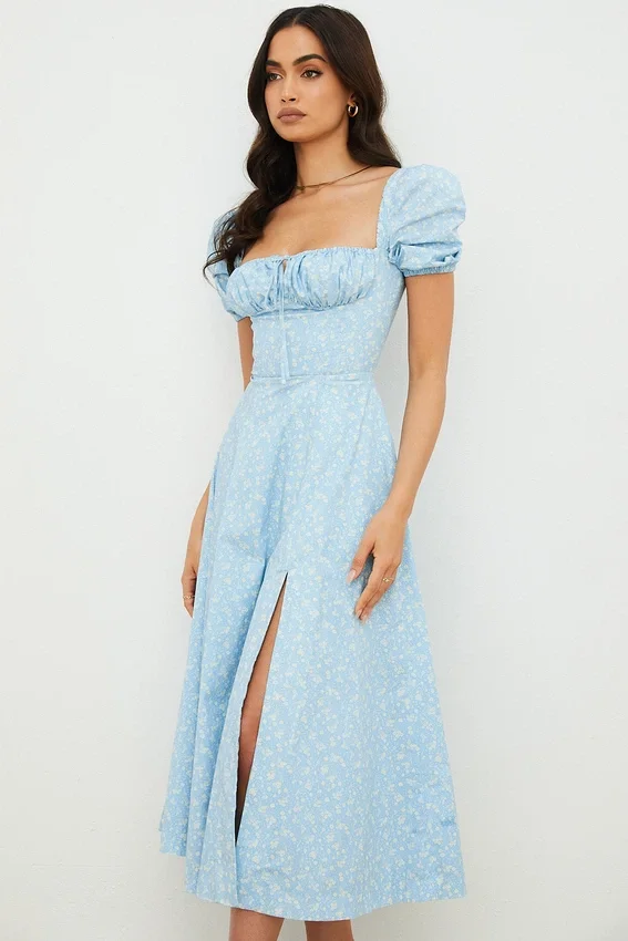 Tallulah Blue Ivory Floral Puff Sleeve Midi Dress Tallulah Blue Ivory Floral Puff Sleeve Midi Dress