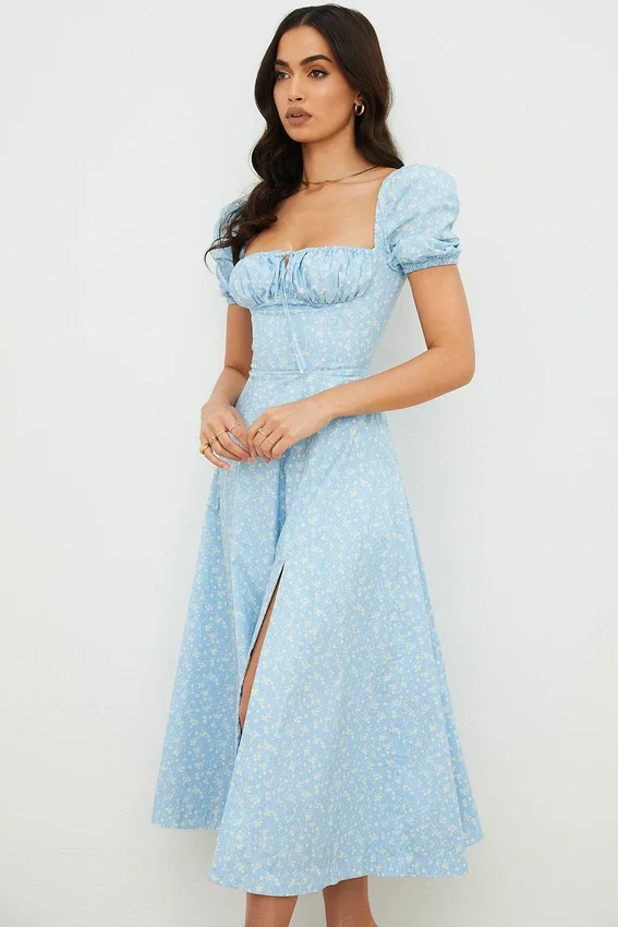 Tallulah Blue Ivory Floral Puff Sleeve Midi Dress Tallulah Blue Ivory Floral Puff Sleeve Midi Dress