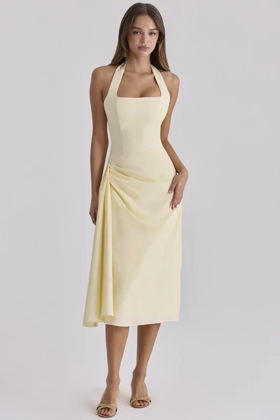 Tallulah Lemon Halter Neck Cotton Midi Dress Tallulah Lemon Halter Neck Cotton Midi Dress