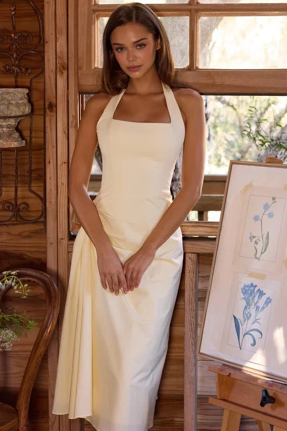 Tallulah Lemon Halter Neck Cotton Midi Dress Tallulah Lemon Halter Neck Cotton Midi Dress