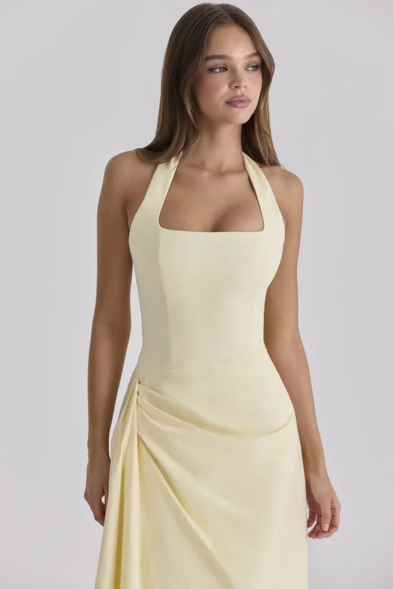 Tallulah Lemon Halter Neck Cotton Midi Dress Tallulah Lemon Halter Neck Cotton Midi Dress