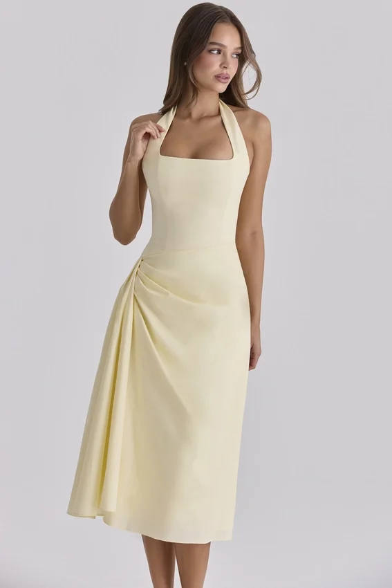Tallulah Lemon Halter Neck Cotton Midi Dress Tallulah Lemon Halter Neck Cotton Midi Dress