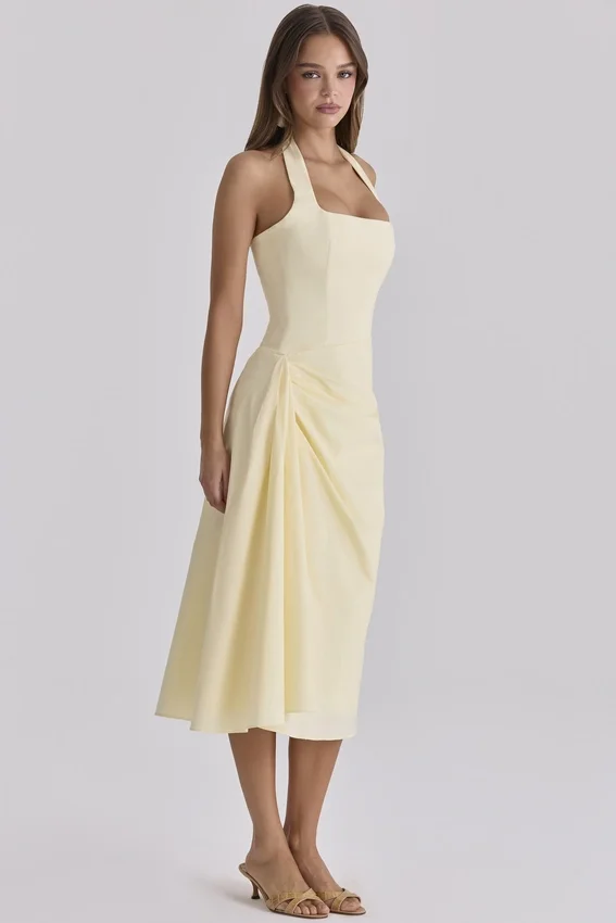 Tallulah Lemon Halter Neck Cotton Midi Dress Tallulah Lemon Halter Neck Cotton Midi Dress