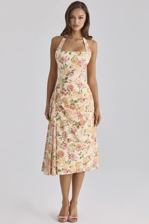 Tallulah Warm Rose Print Halter Neck Cotton Midi Dress Tallulah Warm Rose Print Halter Neck Cotton Midi Dress