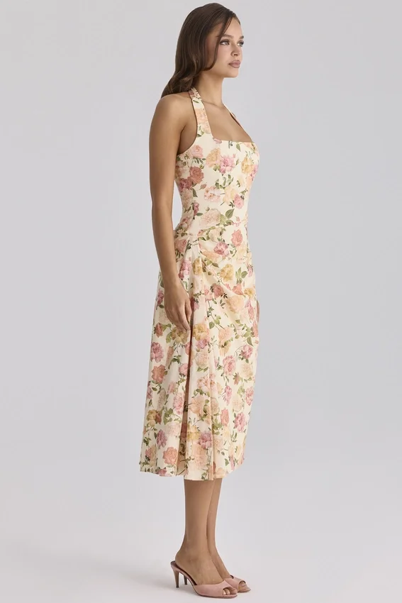 Tallulah Warm Rose Print Halter Neck Cotton Midi Dress Tallulah Warm Rose Print Halter Neck Cotton Midi Dress