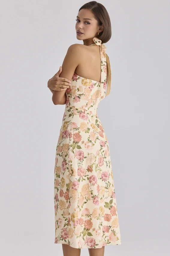 Tallulah Warm Rose Print Halter Neck Cotton Midi Dress Tallulah Warm Rose Print Halter Neck Cotton Midi Dress