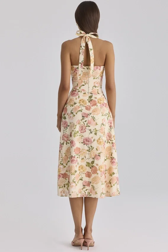 Tallulah Warm Rose Print Halter Neck Cotton Midi Dress Tallulah Warm Rose Print Halter Neck Cotton Midi Dress