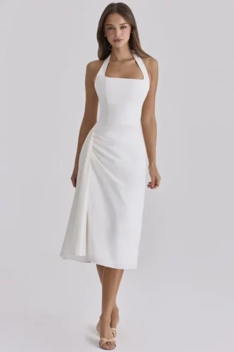 Tallulah White Halter Neck Cotton Midi Dress