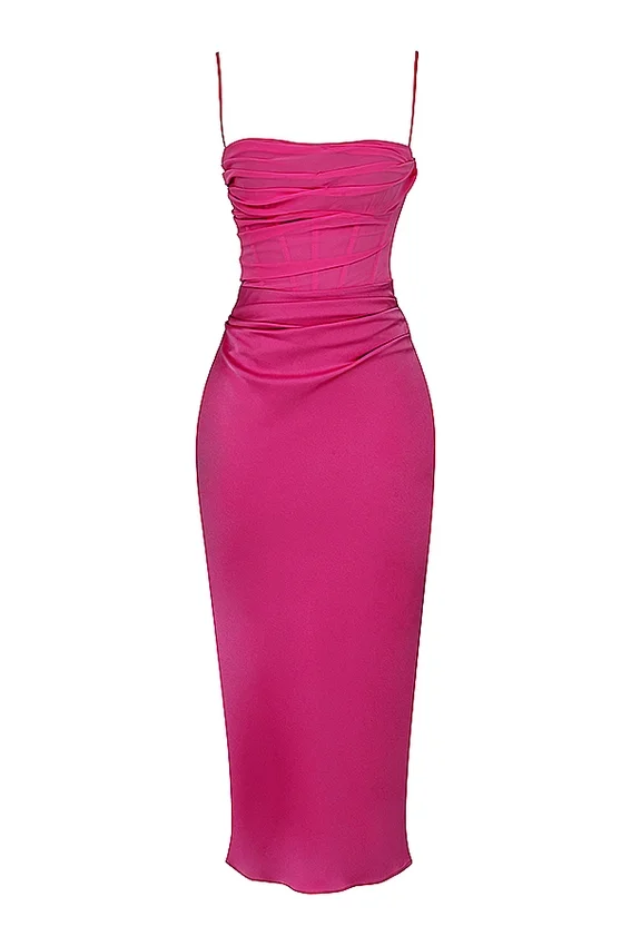 Teia Hot Pink Draped Corset Midi Dress Teia Hot Pink Draped Corset Midi Dress