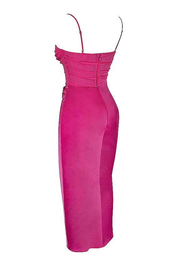 Teia Hot Pink Draped Corset Midi Dress Teia Hot Pink Draped Corset Midi Dress