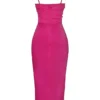 Teia Hot Pink Draped Corset Midi Dress Teia Hot Pink Draped Corset Midi Dress
