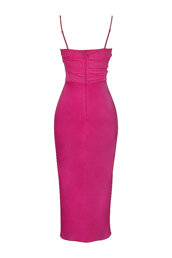 Teia Hot Pink Draped Corset Midi Dress Teia Hot Pink Draped Corset Midi Dress