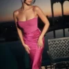 Teia Hot Pink Draped Corset Midi Dress Teia Hot Pink Draped Corset Midi Dress