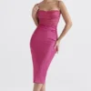 Teia Hot Pink Draped Corset Midi Dress Teia Hot Pink Draped Corset Midi Dress