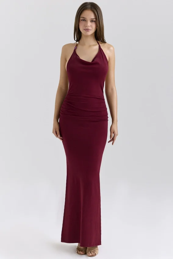 Thalina Wine Draped Halter Neck Maxi Dress Thalina Wine Draped Halter Neck Maxi Dress