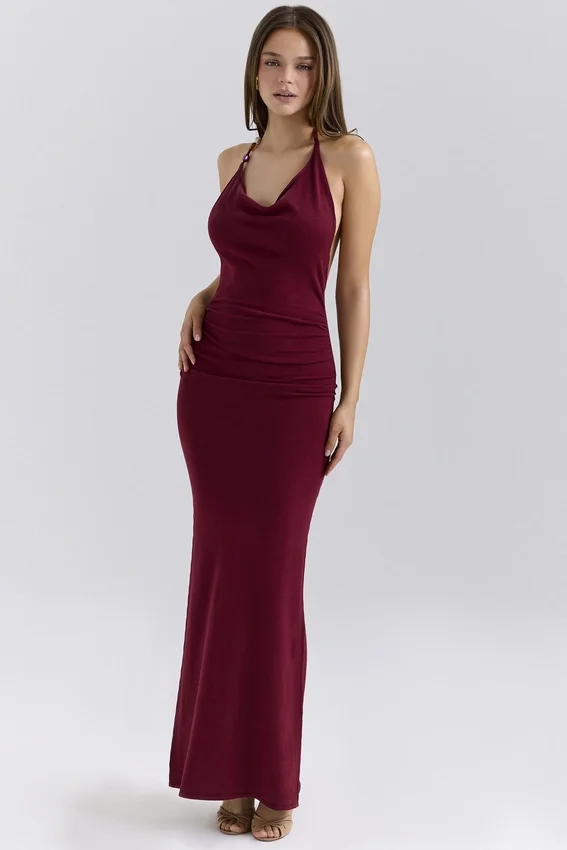 Thalina Wine Draped Halter Neck Maxi Dress Thalina Wine Draped Halter Neck Maxi Dress