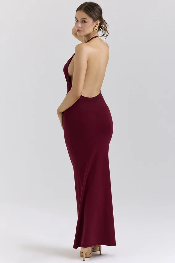 Thalina Wine Draped Halter Neck Maxi Dress Thalina Wine Draped Halter Neck Maxi Dress