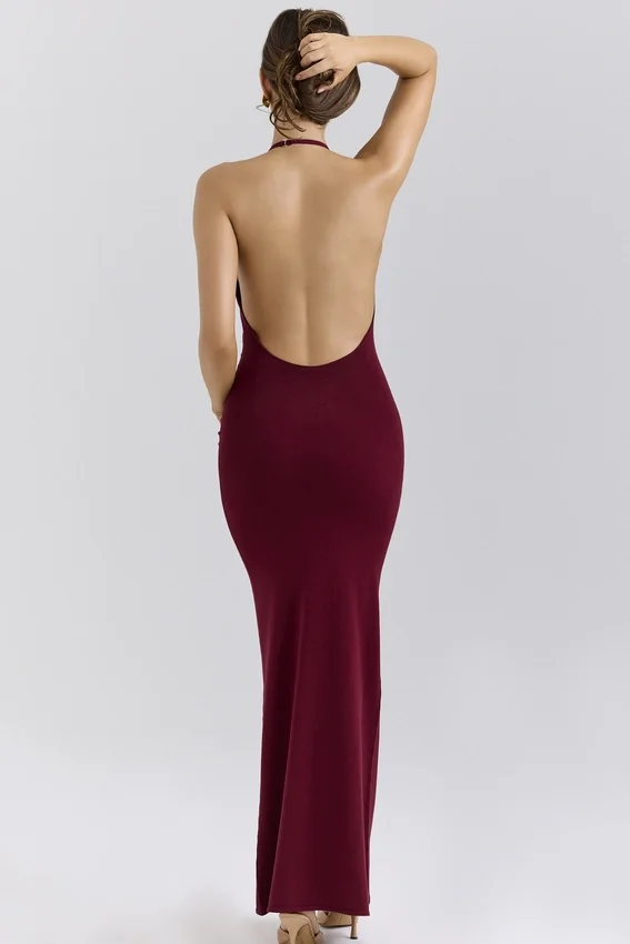 Thalina Wine Draped Halter Neck Maxi Dress Thalina Wine Draped Halter Neck Maxi Dress