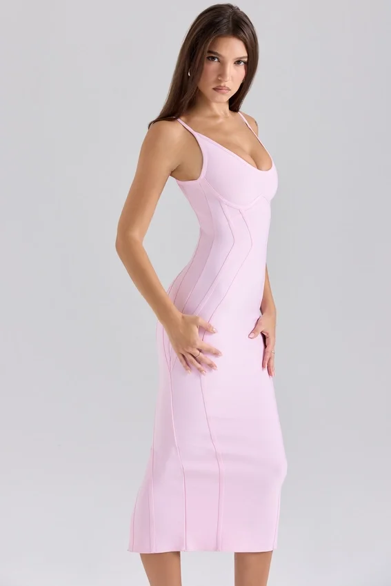 The Hourglass Baby Pink Midi Bandage Dress The Hourglass Baby Pink Midi Bandage Dress
