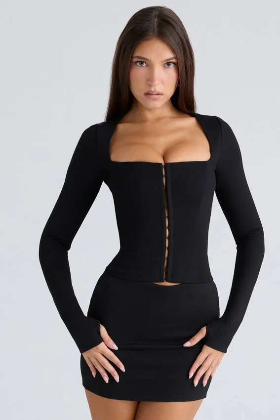 The Long Sleeve Balconette Black Corset Top The Long Sleeve Balconette Black Corset Top
