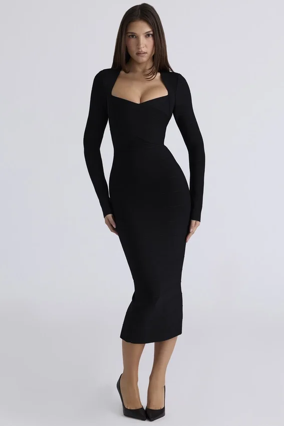 The Naomi Black Long Sleeve Bandage Midi Dress The Naomi Black Long Sleeve Bandage Midi Dress