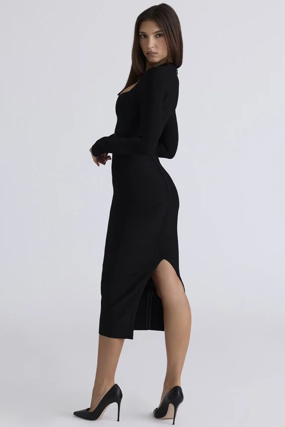 The Naomi Black Long Sleeve Bandage Midi Dress The Naomi Black Long Sleeve Bandage Midi Dress