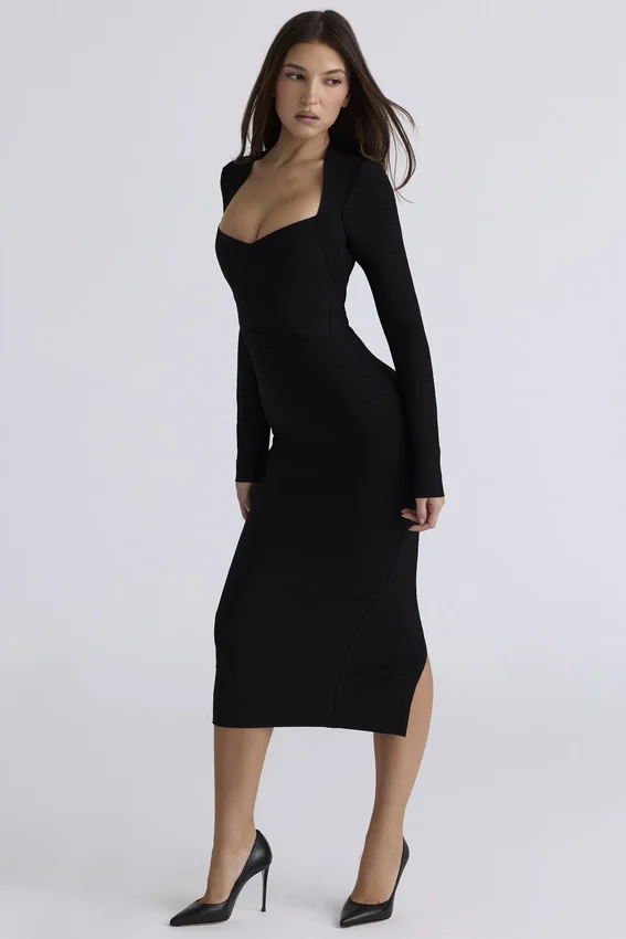 The Naomi Black Long Sleeve Bandage Midi Dress The Naomi Black Long Sleeve Bandage Midi Dress