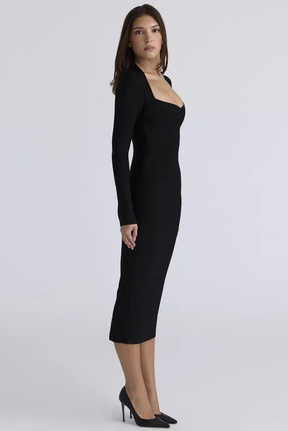 The Naomi Black Long Sleeve Bandage Midi Dress The Naomi Black Long Sleeve Bandage Midi Dress