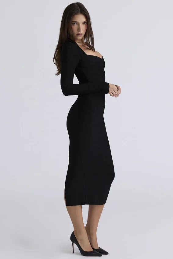 The Naomi Black Long Sleeve Bandage Midi Dress The Naomi Black Long Sleeve Bandage Midi Dress