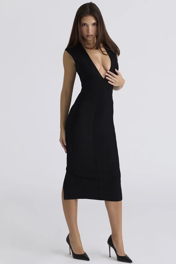 The Super Plunge Black Bandage Midi Dress The Super Plunge Black Bandage Midi Dress