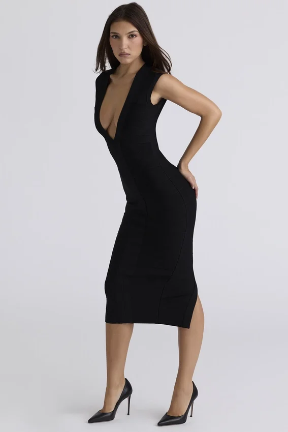 The Super Plunge Black Bandage Midi Dress The Super Plunge Black Bandage Midi Dress