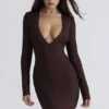 The Super Plunge Chocolate Long Sleeve Bandage Mini Dress The Super Plunge Chocolate Long Sleeve Bandage Mini Dress