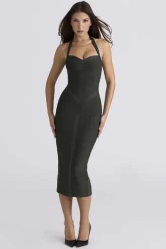 The Supermodel Emerald Halter Neck Bandage Midi Dress