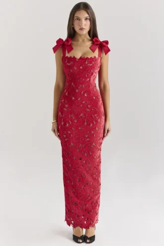 Tiff Holly Red Velvet Lace Maxi Dress