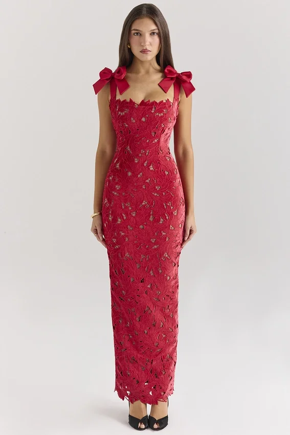 Tiff Holly Red Velvet Lace Maxi Dress Tiff Holly Red Velvet Lace Maxi Dress