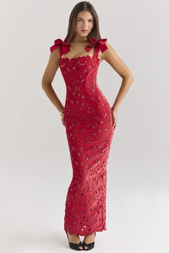 Tiff Holly Red Velvet Lace Maxi Dress Tiff Holly Red Velvet Lace Maxi Dress
