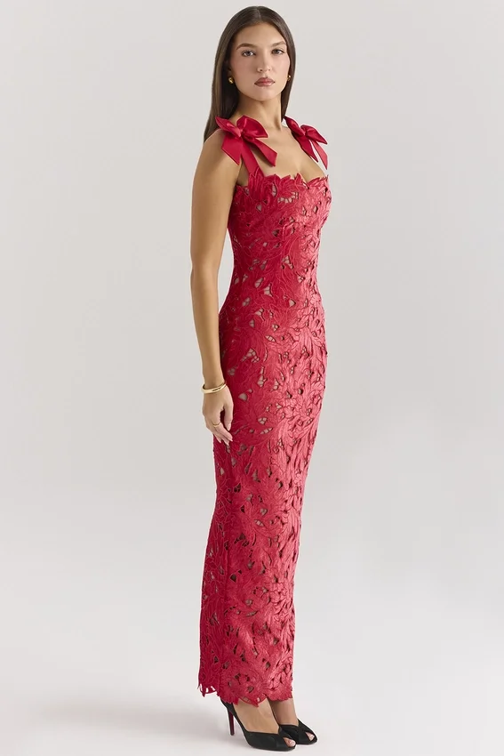 Tiff Holly Red Velvet Lace Maxi Dress Tiff Holly Red Velvet Lace Maxi Dress
