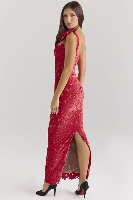 Tiff Holly Red Velvet Lace Maxi Dress Tiff Holly Red Velvet Lace Maxi Dress