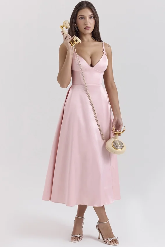 Tiffany Parisian Pink Satin A-Line Midi Dress Tiffany Parisian Pink Satin A-Line Midi Dress
