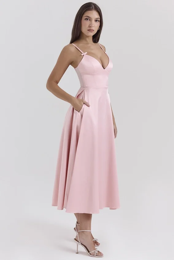 Tiffany Parisian Pink Satin A-Line Midi Dress Tiffany Parisian Pink Satin A-Line Midi Dress