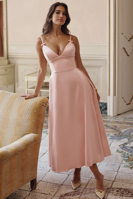 Tiffany Parisian Pink Satin A-Line Midi Dress Tiffany Parisian Pink Satin A-Line Midi Dress