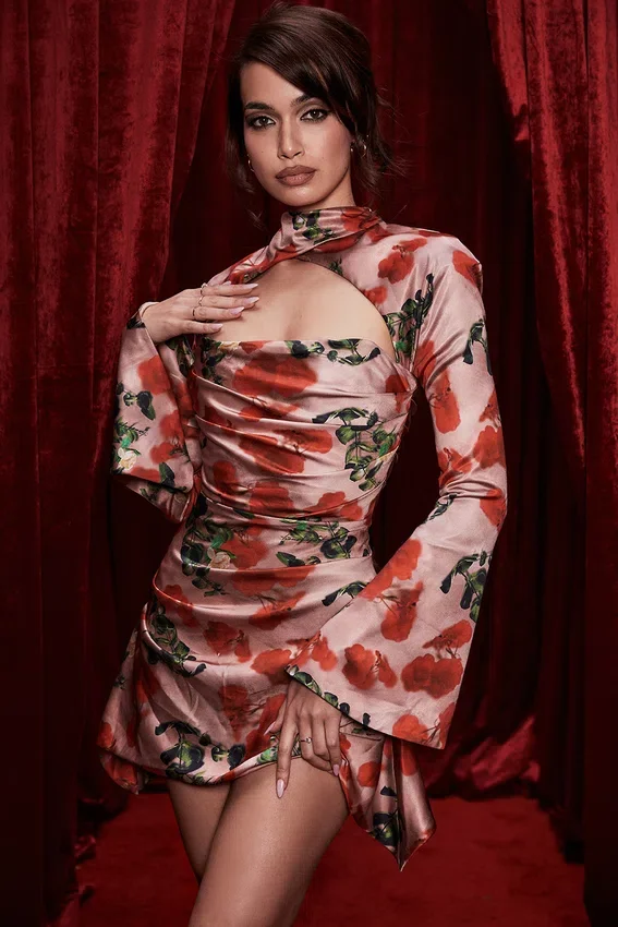 Toira Rose Print Draped Corset Dress Toira Rose Print Draped Corset Dress