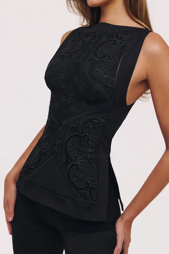 Valencia Black Cotton Placement Lace Broderie Anglaise Boat Neck Top Valencia Black Cotton Placement Lace Broderie Anglaise Boat Neck Top