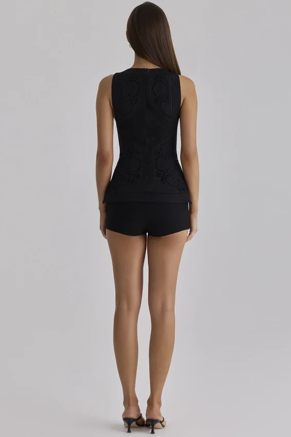 Valencia Black Cotton Placement Lace Broderie Anglaise Boat Neck Top Valencia Black Cotton Placement Lace Broderie Anglaise Boat Neck Top