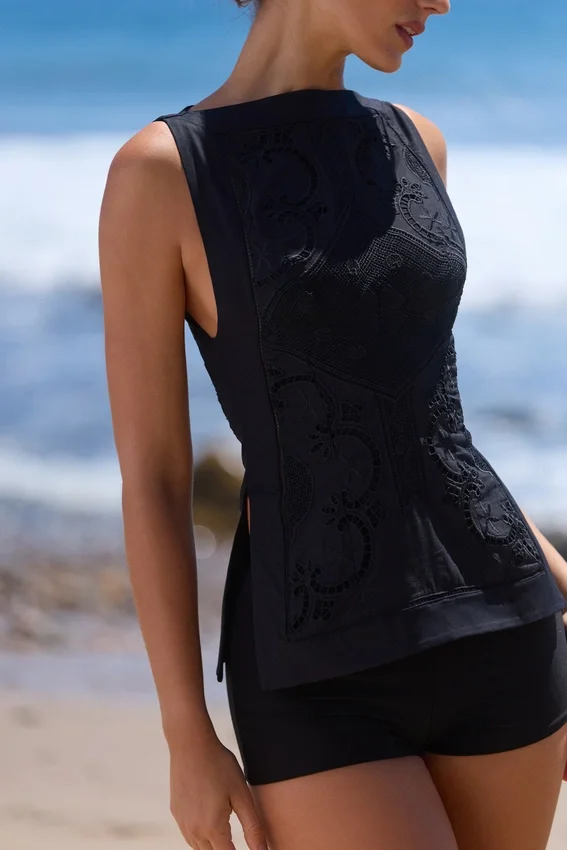 Valencia Black Cotton Placement Lace Broderie Anglaise Boat Neck Top Valencia Black Cotton Placement Lace Broderie Anglaise Boat Neck Top