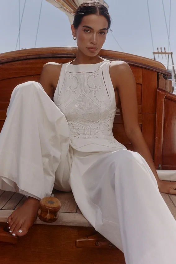Valencia White Cotton Placement Lace Broderie Anglais Boat Neck Top Valencia White Cotton Placement Lace Broderie Anglais Boat Neck Top