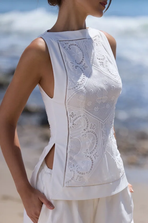 Valencia White Cotton Placement Lace Broderie Anglais Boat Neck Top Valencia White Cotton Placement Lace Broderie Anglais Boat Neck Top