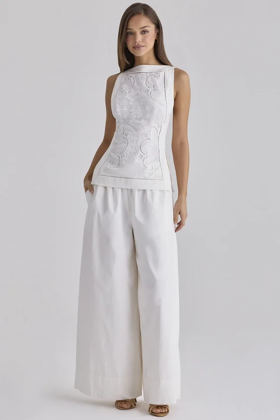 Valencia White Cotton Placement Lace Broderie Anglais Boat Neck Top Valencia White Cotton Placement Lace Broderie Anglais Boat Neck Top